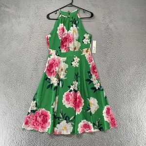Eliza J Dress Womens 12P Petite Green Floral‎ Halter Fit Flare Wedding Guest